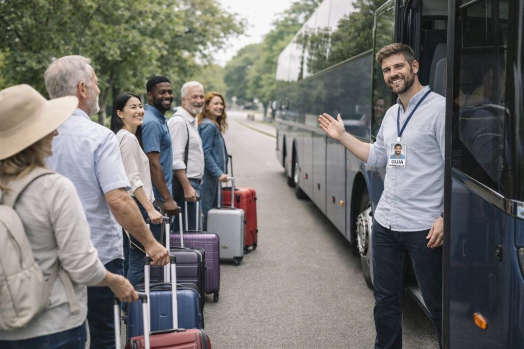 Guia de Turismo recepcionando turistas na entrada do ônibus