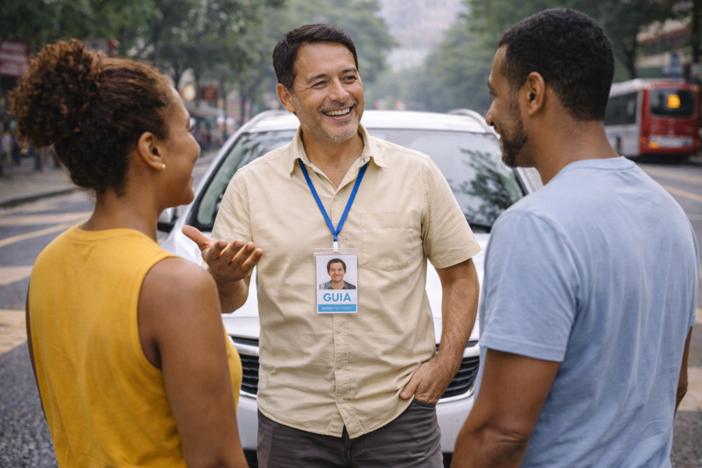 Guia de Turismo Motorista conversa com Turistas