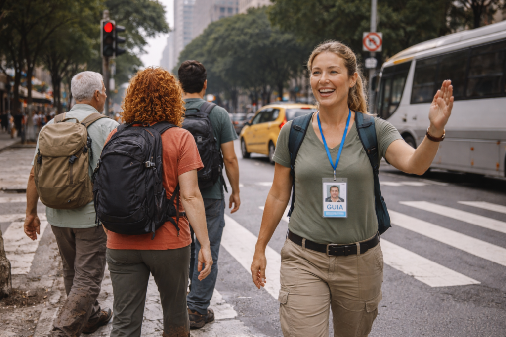 Guia de Turismo conduzindo seu grupo pela faixa de pedestres